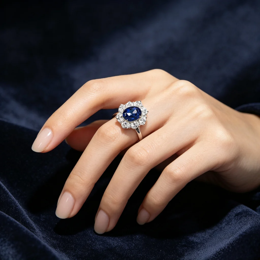 Lab-grown blue sapphire sunflower halo engagement ring with diamond halo, oval cut center stone, worn on hand against dark blue velvet background