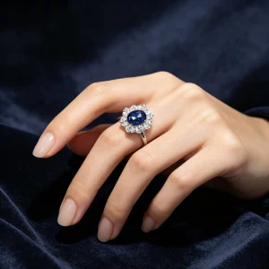 Lab-grown blue sapphire sunflower halo engagement ring with lab-created diamond halo, oval cut center stone, worn on finger