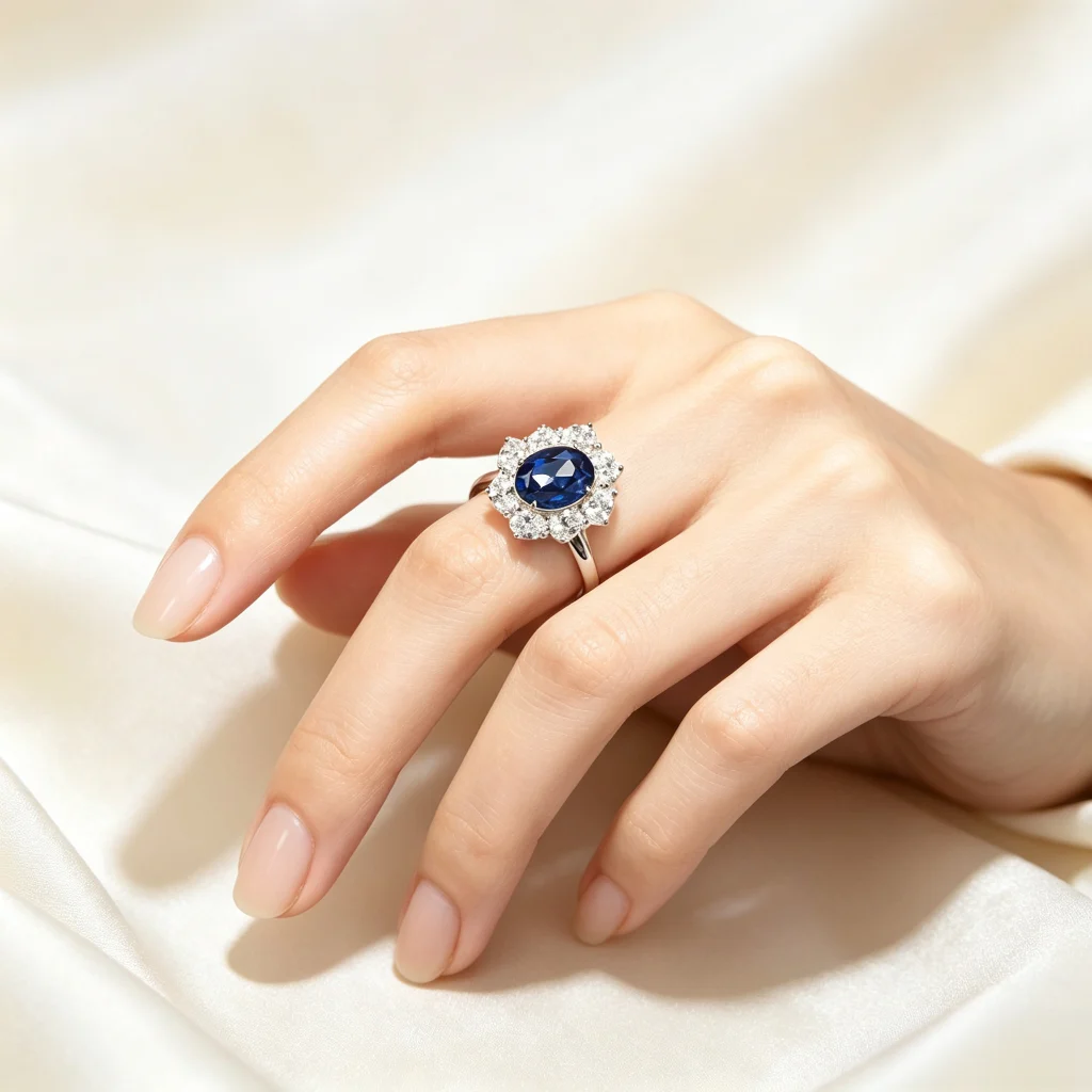 Lab-grown blue sapphire sunflower halo engagement ring with diamond halo, oval cut center stone, worn on hand against beige silk background