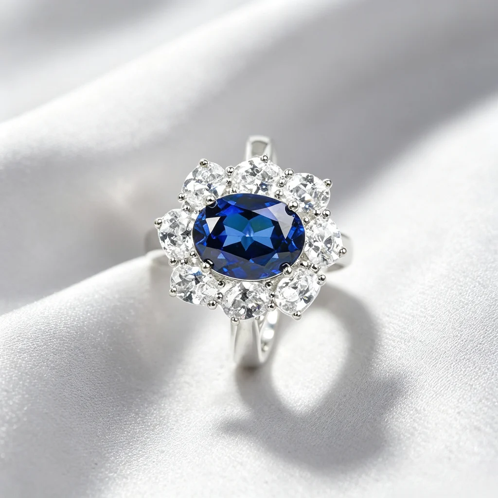 Lab-grown blue sapphire sunflower halo engagement ring with lab-created diamond halo, oval cut center stone, close-up product shot on white velvet
