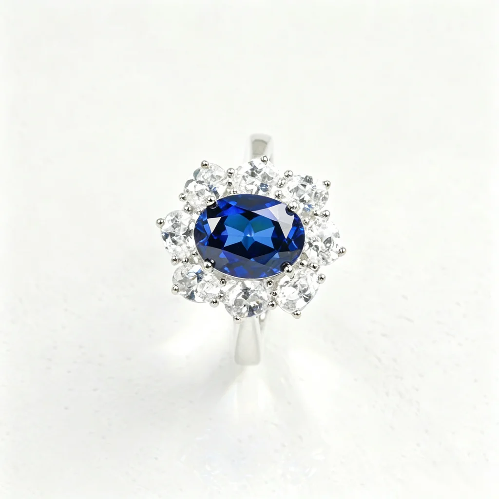 Top-down view of lab-grown blue sapphire sunflower halo ring with lab-created diamond halo, oval cut center stone, showing complete sunflower design
