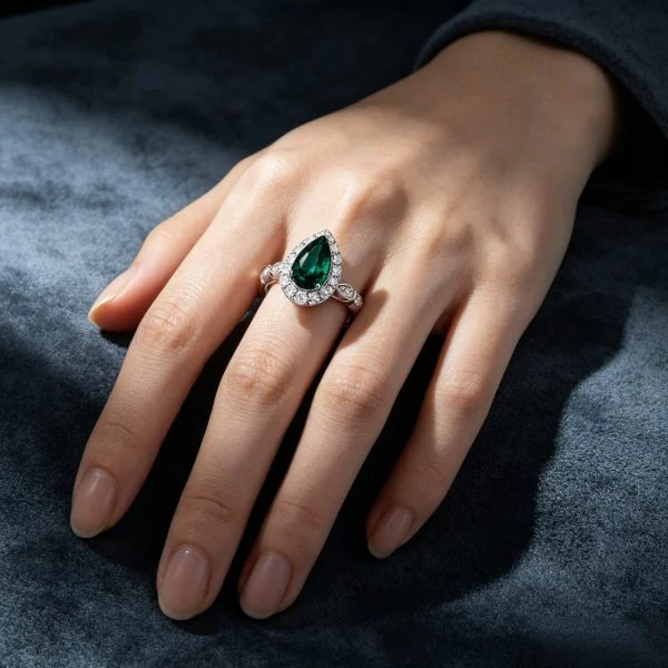 lab grown emerald green pear diamond halo ring S925 sterling silver adjustable open band teardrop