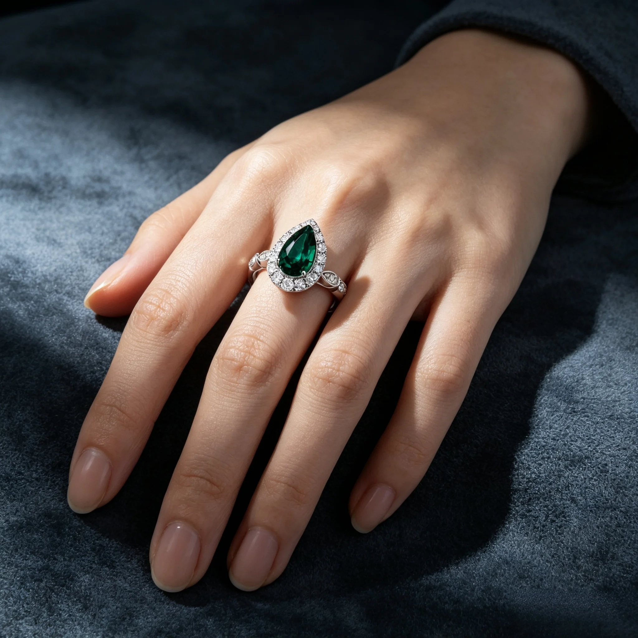 Lab-Grown Emerald Green Pear Diamond Halo Ring in S925 Sterling Silver