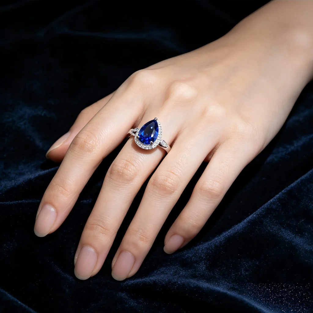 wearing lab grown heart shaped blue diamond ring 8x10mm S925 sterling silver on hand model