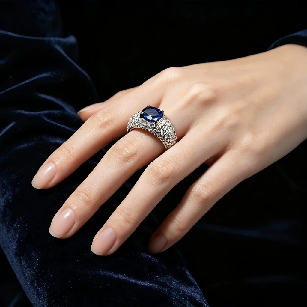 wearing lab grown full pave band blue diamond ring S925 sterling silver on hand model