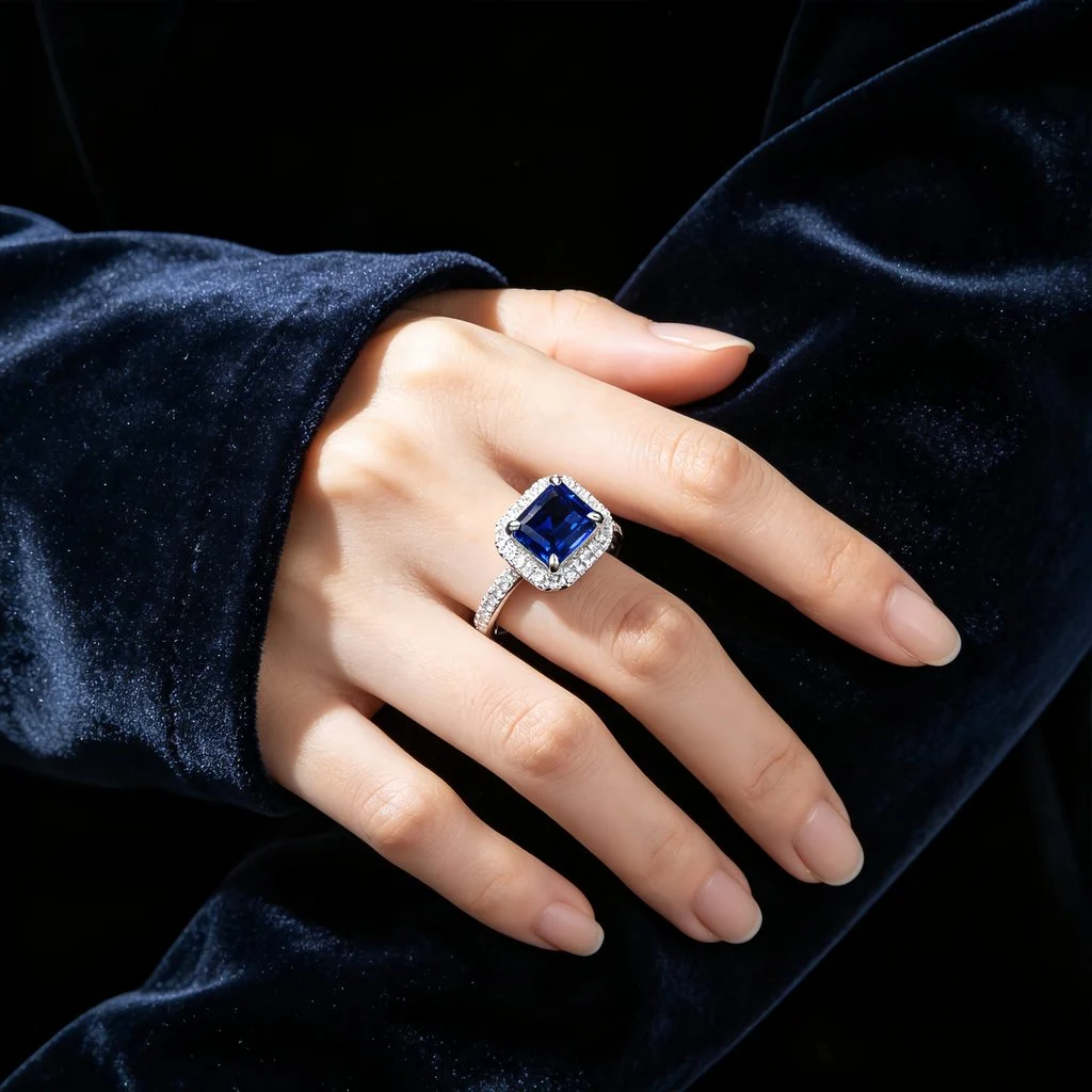 wearing lab grown square halo blue diamond ring S925 sterling silver on hand model