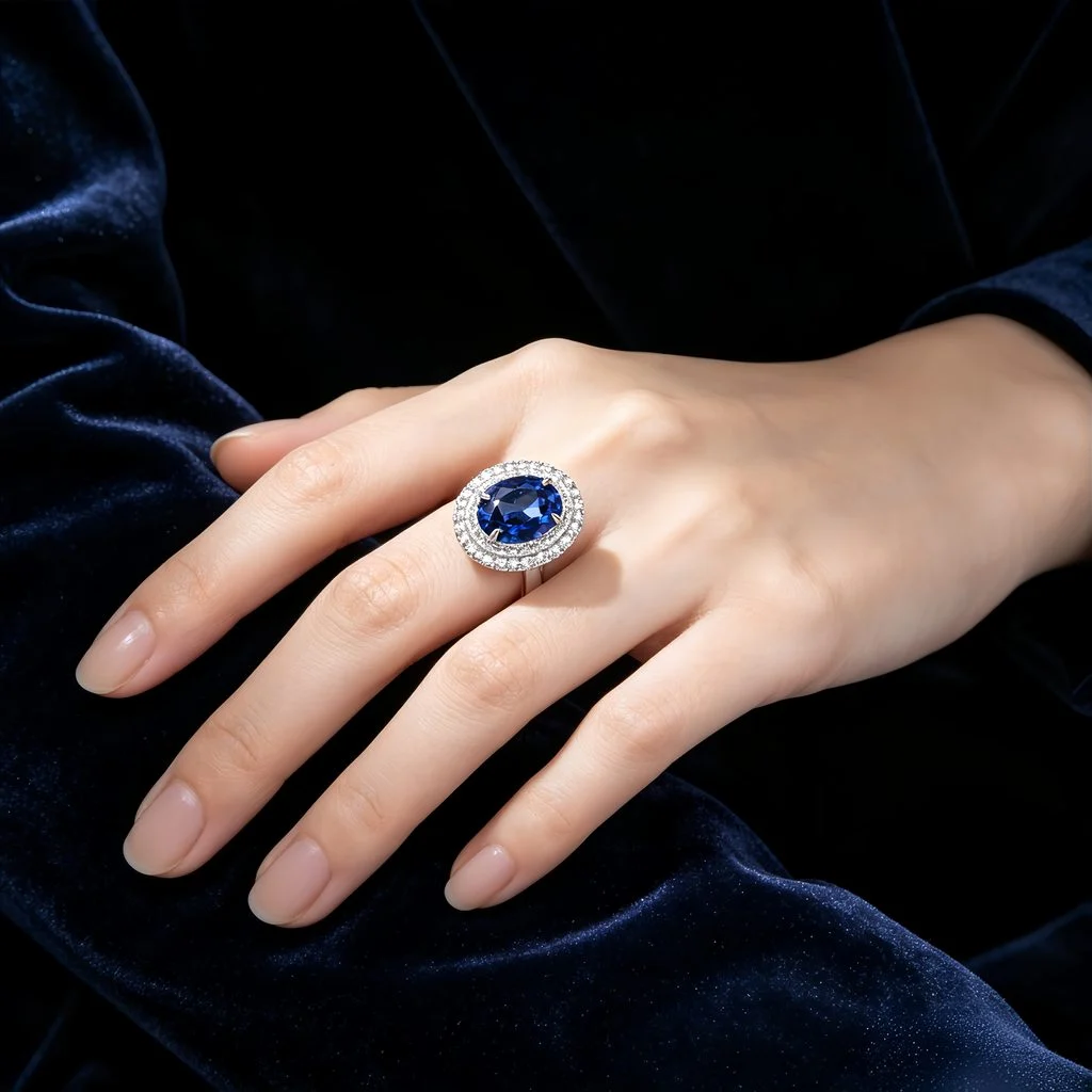 close up detail of lab grown flat oval halo blue diamond ring S925 sterling silver accent stones