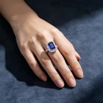 wearing lab grown blue sapphire emerald cut ring 4.2ct S925 sterling silver on hand