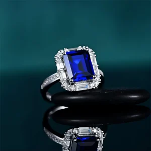 4.2 carat lab grown blue sapphire emerald cut halo ring in S925 sterling silver adjustable band