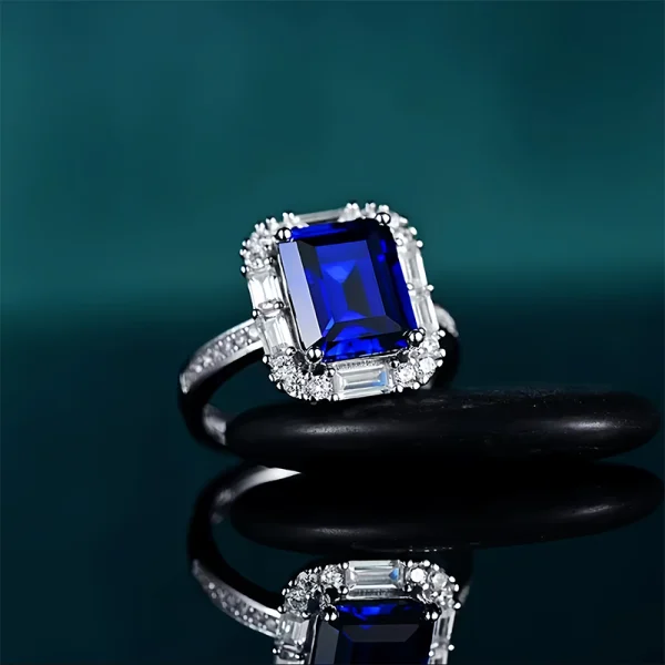 4.2 carat lab grown blue sapphire emerald cut halo ring in S925 sterling silver adjustable band