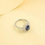 Lab-Grown Sapphire Sunflower Halo - Lab-Grown Sapphire Sunflower Halo Ring 7*9MM– S925 Silver with Lab-Created Diamonds