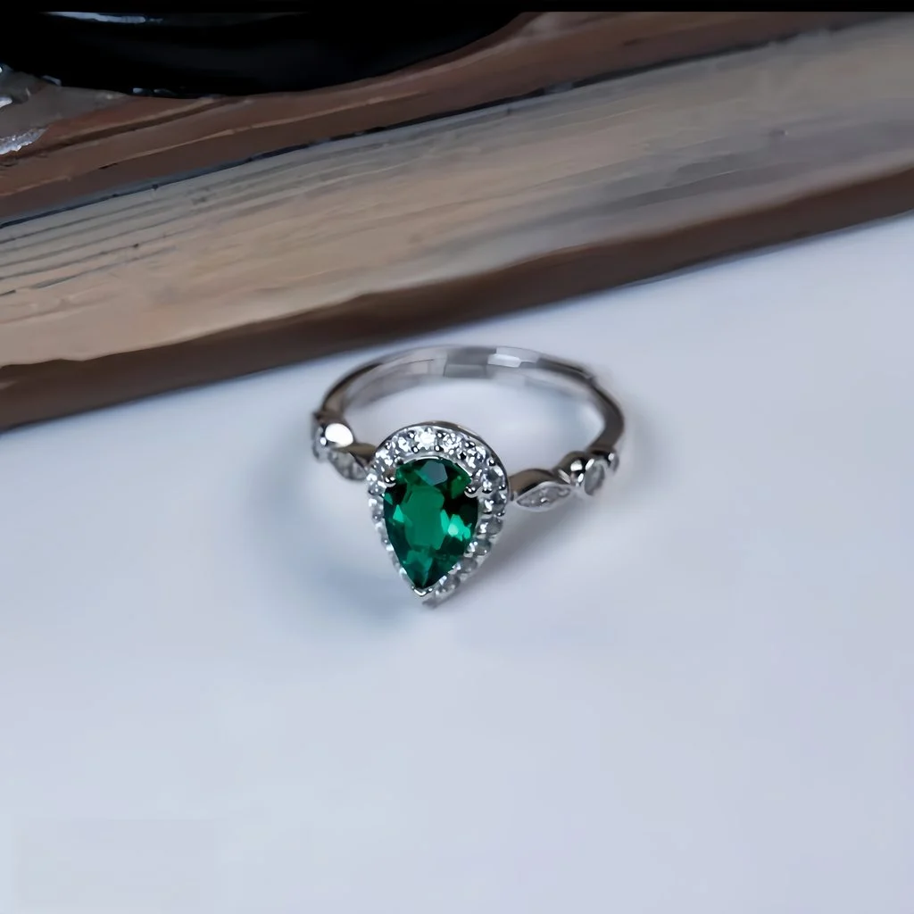 side view lab grown emerald green pear diamond halo ring S925 sterling silver band milgrain