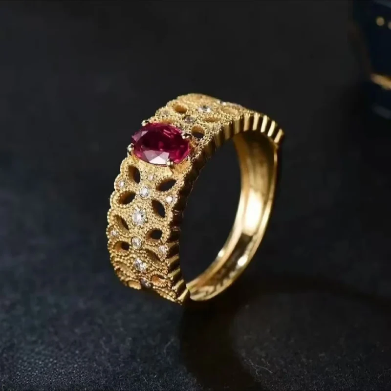 close up detail of lab grown ruby bow filigree ring S925 sterling silver lace pattern