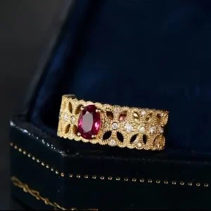 lab grown ruby bow filigree ring S925 sterling silver adjustable open band vintage romantic