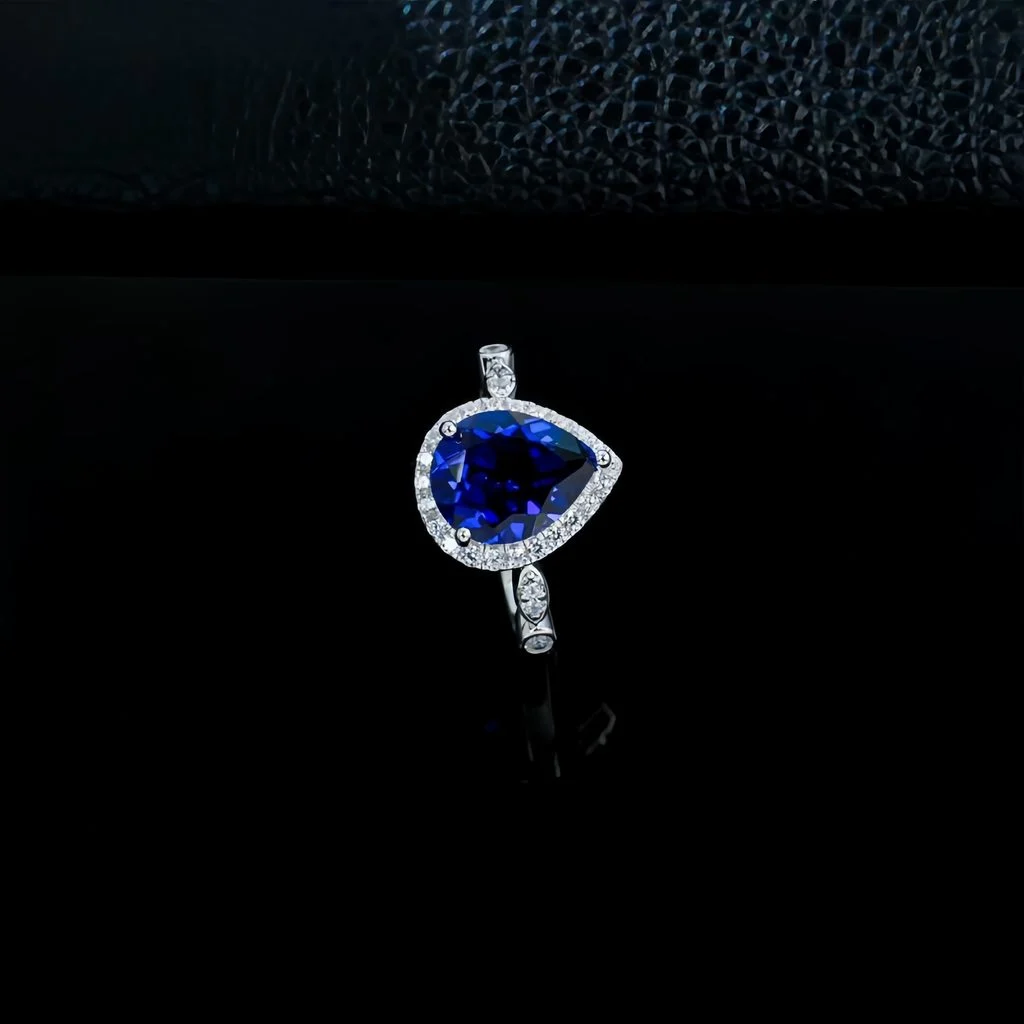 top view flat lay lab grown heart shaped blue diamond ring 8x10mm S925 sterling silver