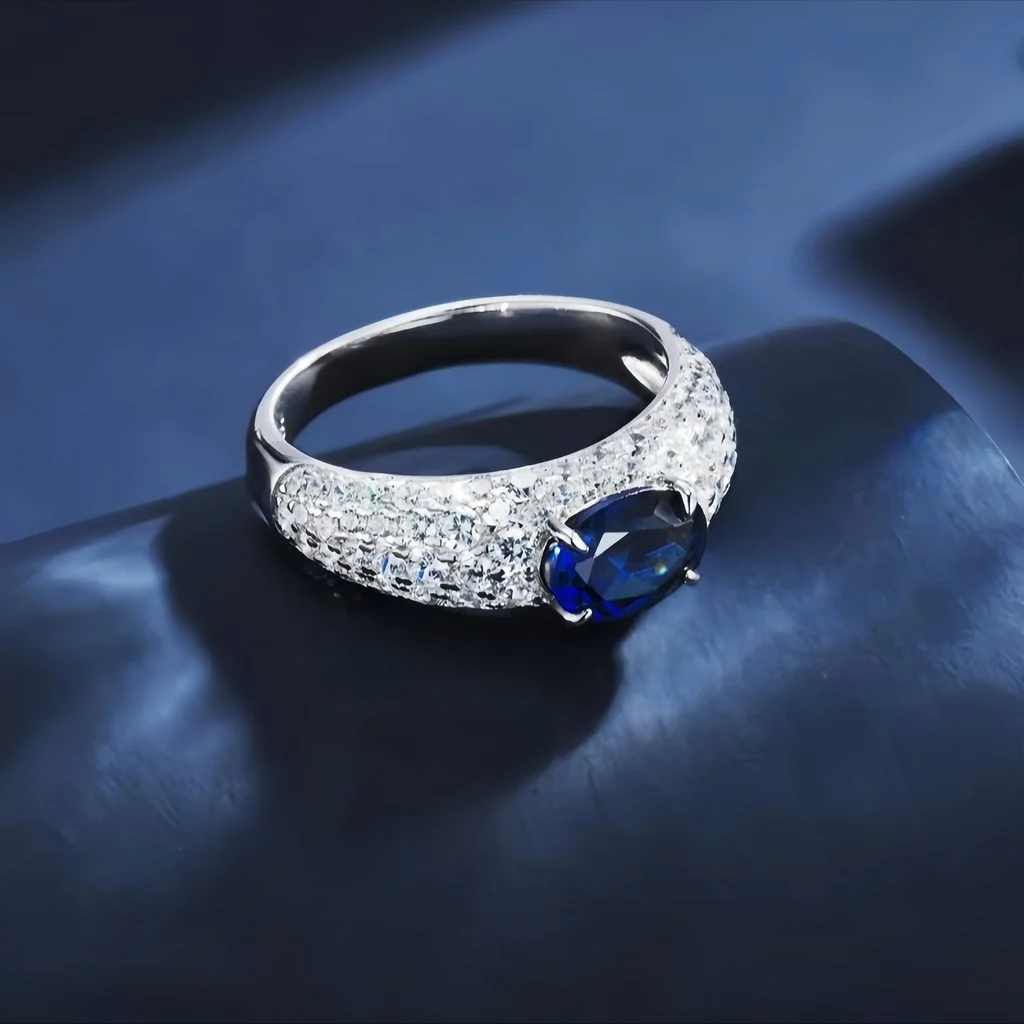 side view lab grown full pave band blue diamond ring S925 sterling silver profile