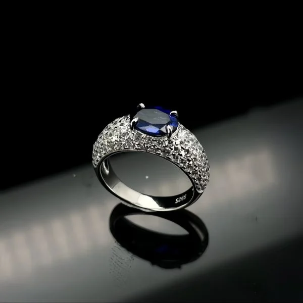 lab grown full pave band blue diamond ring S925 sterling silver closed band
