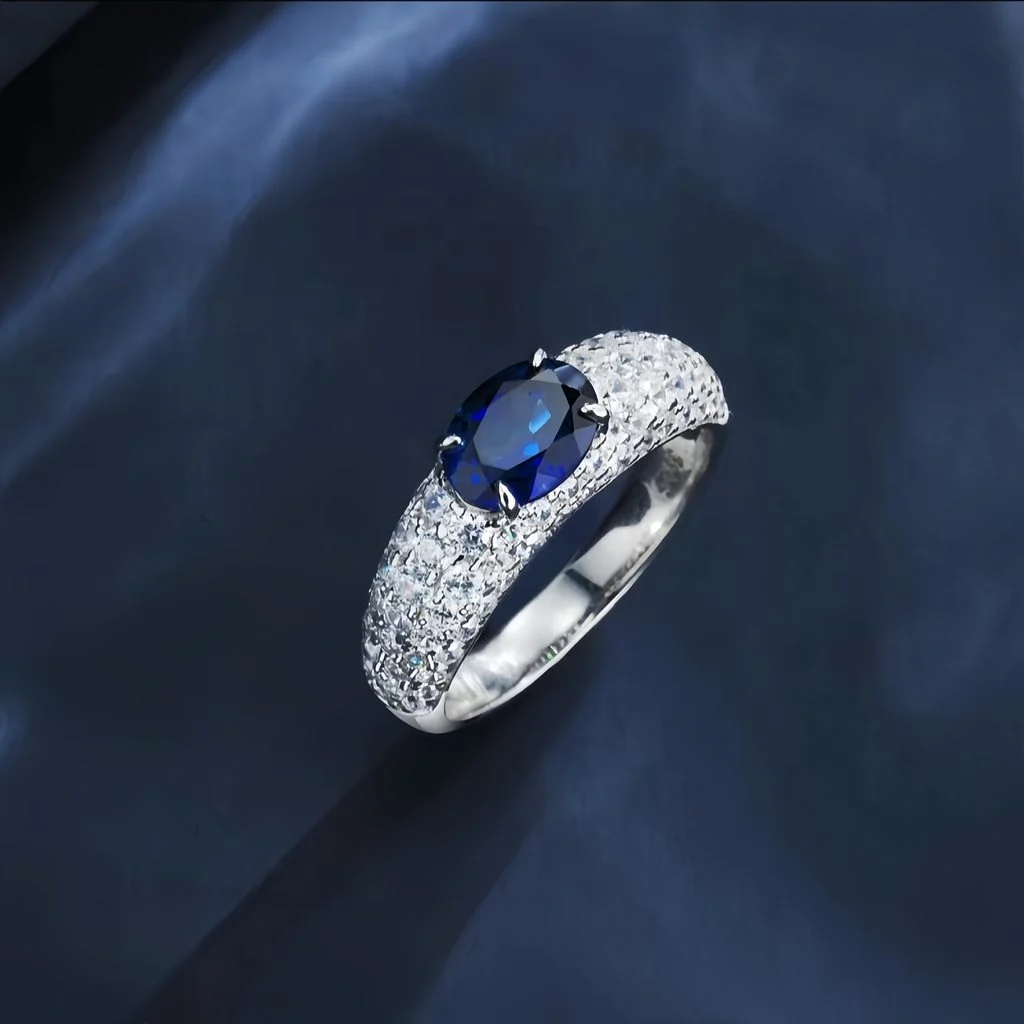 lab grown full pave band blue diamond ring S925 sterling silver closed band
