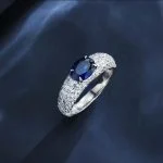 wearing lab grown full pave band blue diamond ring S925 sterling silver on hand model