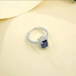 top view flat lay lab grown square halo blue diamond ring S925 sterling silver