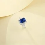 side view lab grown square halo blue diamond ring S925 sterling silver band profile