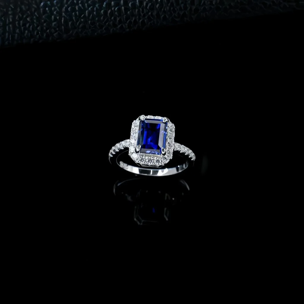 top view flat lay lab grown square halo blue diamond ring S925 sterling silver