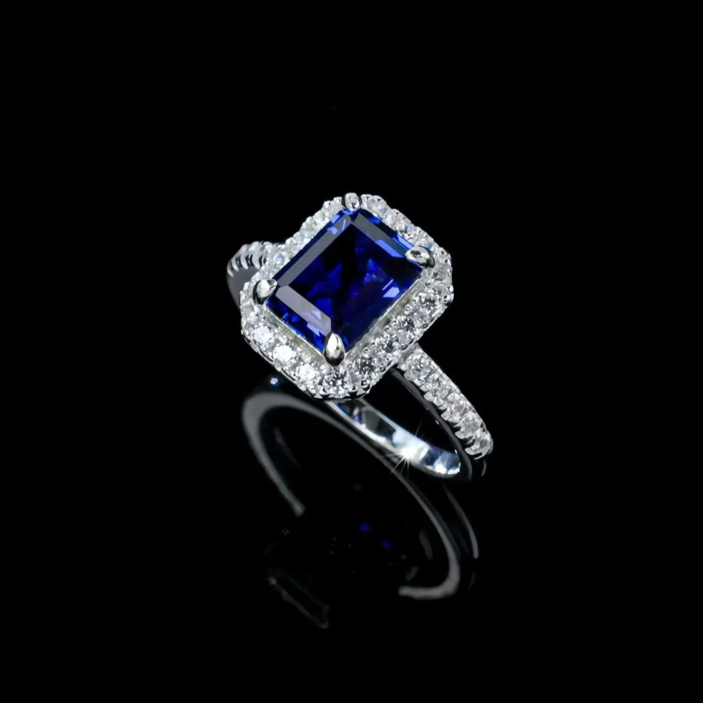lab grown square halo blue diamond ring S925 sterling silver closed band