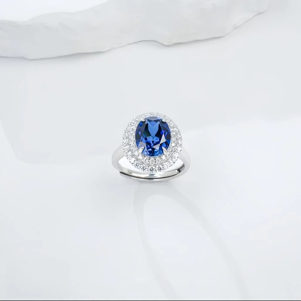 lab grown flat oval halo blue diamond ring S925 sterling silver adjustable open band