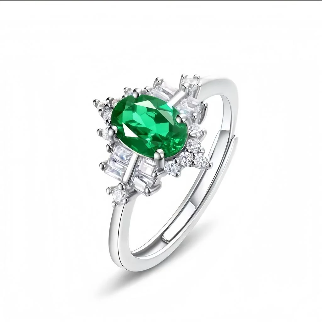 lab grown vintage crown emerald ring S925 sterling silver worn on hand finger oval cut green gemstone crown setting baguette diamond accents adjustable band