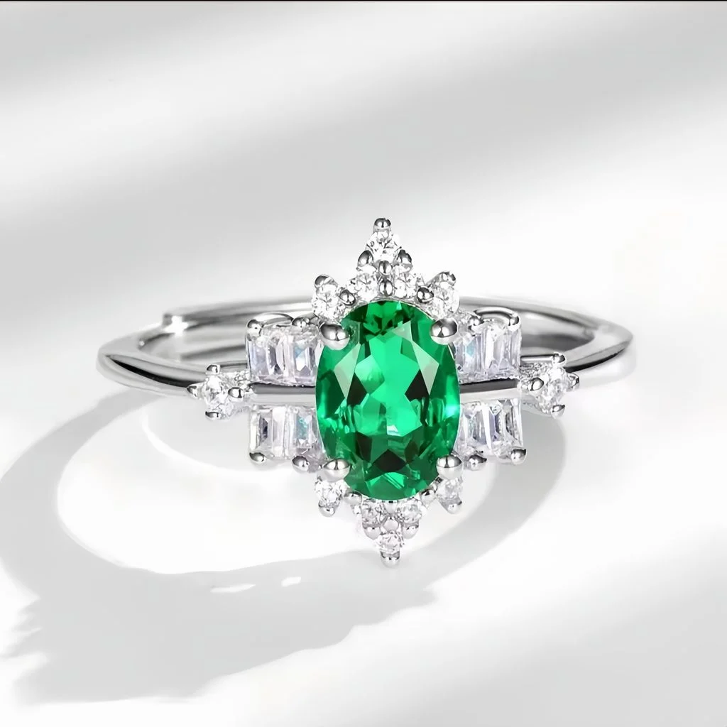 lab grown vintage crown emerald ring S925 sterling silver oval cut green gemstone baguette round diamond accents adjustable open band