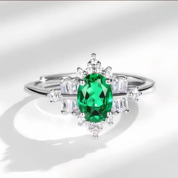 lab grown vintage crown emerald ring S925 sterling silver oval cut green gemstone baguette round diamond accents adjustable open band
