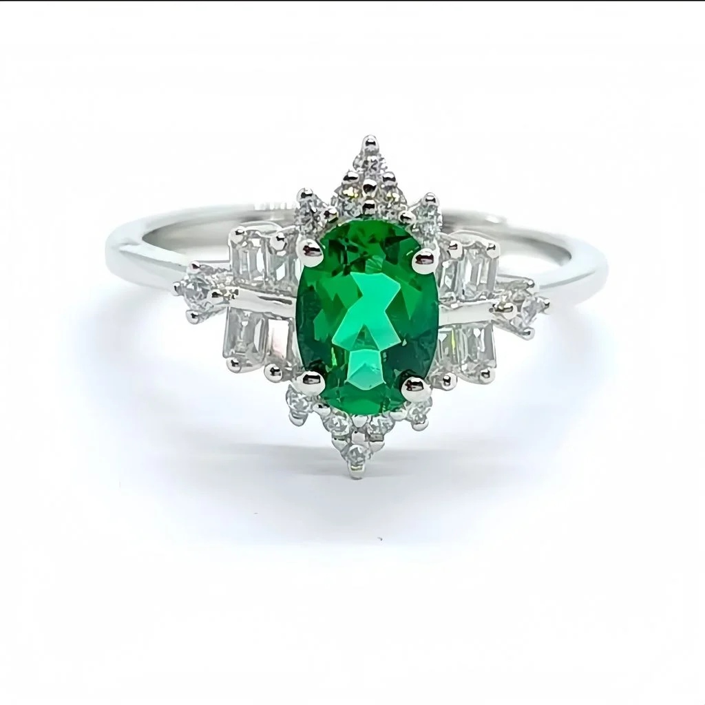 lab grown vintage crown emerald ring S925 sterling silver side profile view crown setting elevation baguette round diamond accents adjustable band