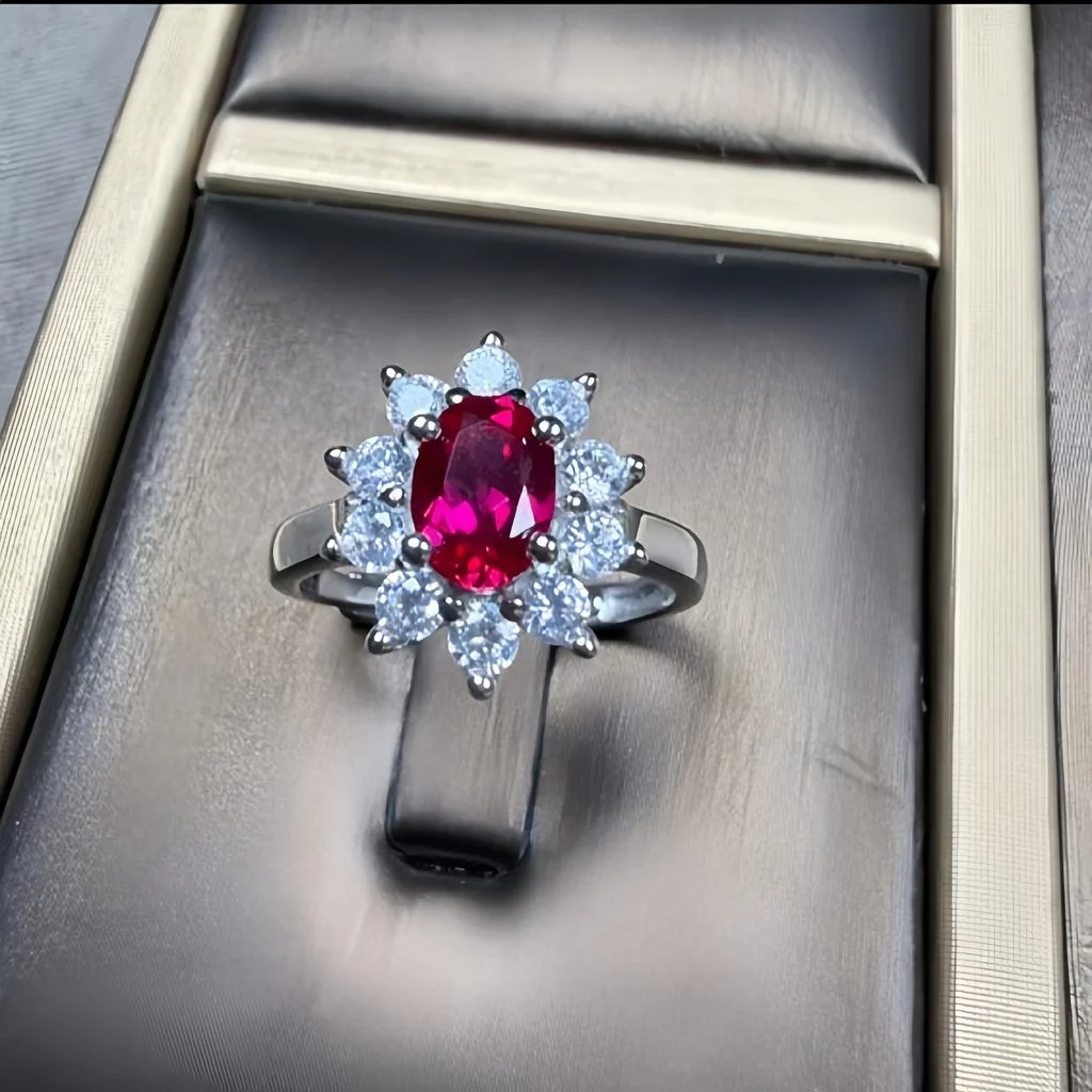 lab grown pigeon blood ruby Diana halo ring S925 sterling silver oval cut red gemstone round diamond cluster halo adjustable open band