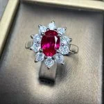 Lab Grown Pigeon Blood - Lab Grown Pigeon Blood Ruby Diana Halo Ring S925 Sterling Silver Adjustable Open Band