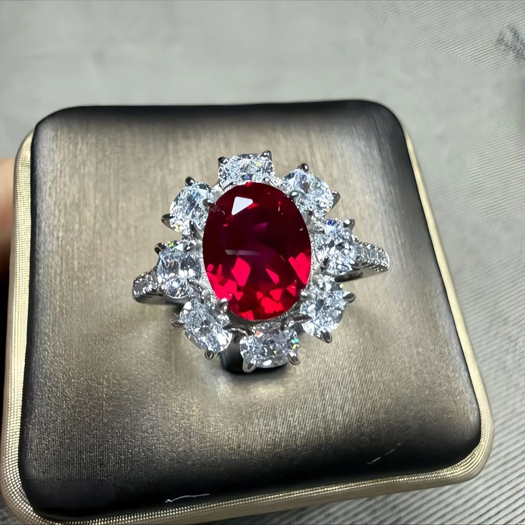 lab grown sunflower halo ruby ring S925 sterling silver oval cut red gemstone pear shaped diamond accents adjustable open band