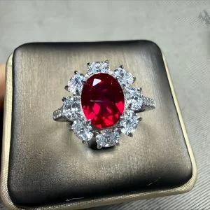 lab grown sunflower halo ruby ring S925 sterling silver oval cut red gemstone pear shaped diamond accents adjustable open band