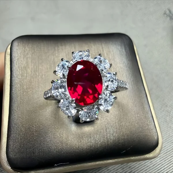 lab grown sunflower halo ruby ring S925 sterling silver oval cut red gemstone pear shaped diamond accents adjustable open band