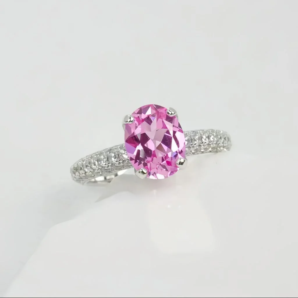 lab grown padparadscha sapphire oval ring S925 sterling silver worn on hand finger pavé halo setting lotus pink orange gemstone