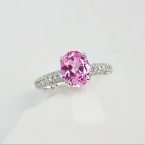lab grown padparadscha sapphire oval ring S925 sterling silver halo setting pavé accent stones closed band lotus pink orange gemstone
