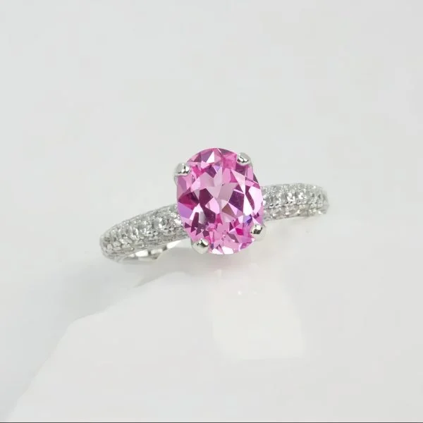 lab grown padparadscha sapphire oval ring S925 sterling silver halo setting pavé accent stones closed band lotus pink orange gemstone