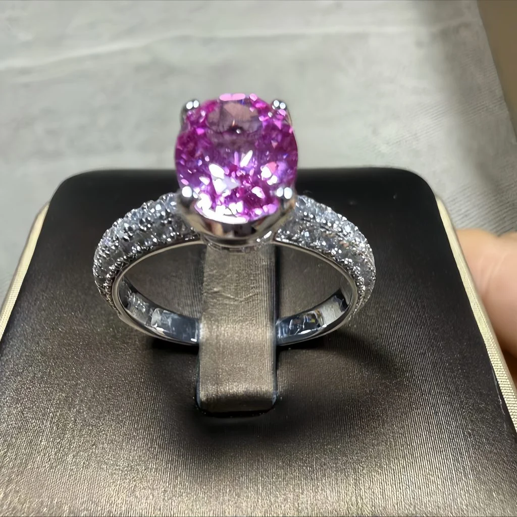lab grown padparadscha sapphire oval ring S925 sterling silver pavé halo setting lotus pink orange gemstone display stand