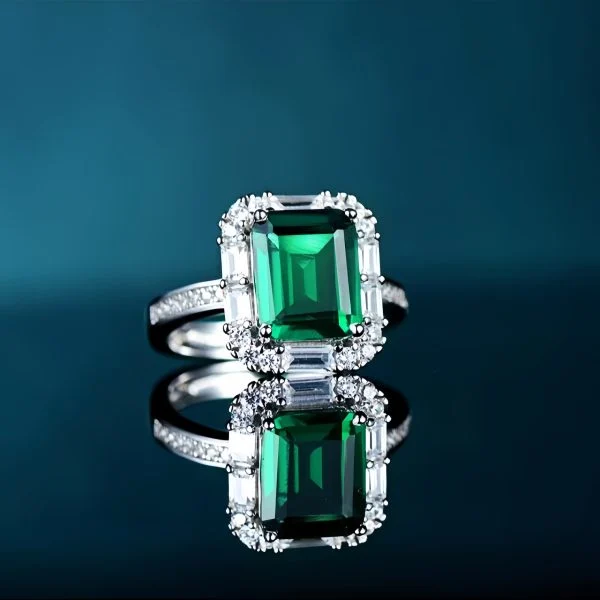 lab grown emerald halo ring S925 sterling silver emerald cut green gemstone baguette round diamond halo pavé band adjustable open band