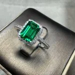 Lab Grown Emerald Halo - Lab Grown Emerald Halo Ring S925 Sterling Silver Adjustable Open Band