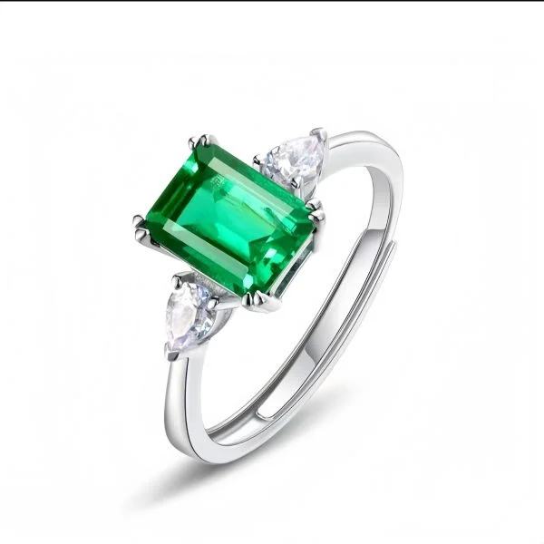 lab grown emerald three stone ring S925 sterling silver emerald cut green gemstone pear shaped diamond accents adjustable open band