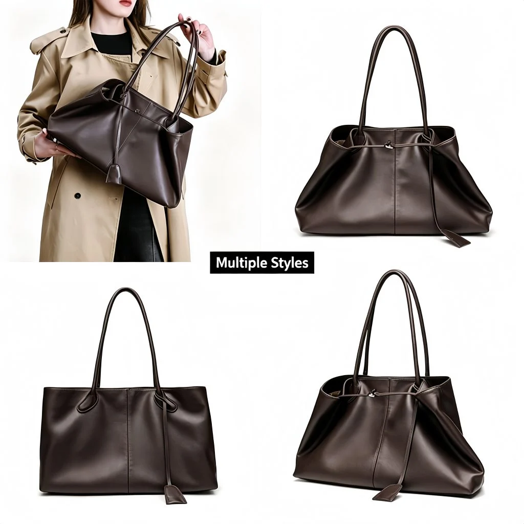 Multiple styles of women brown soft leather tote bag, different shapes of large capacity shoulder handbag