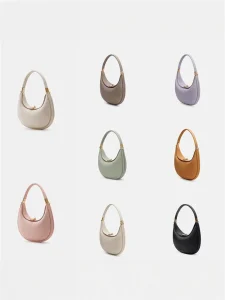 Genuine leather crescent hobo bag in eight colorways including black cream taupe caramel sage lavender blush pink and light gray displayed in grid layout with gold tone hardware