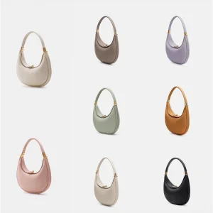 Genuine leather crescent hobo bag in eight colorways including black cream taupe caramel sage lavender blush pink and light gray displayed in grid layout with gold tone hardware