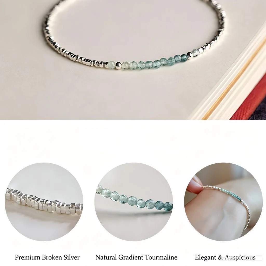 Close‑up view of faceted natural gradient blue‑green tourmaline beads and polished 925 sterling silver chip fragments
