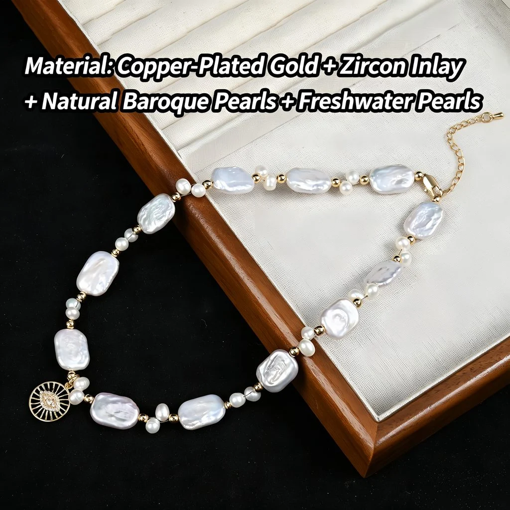 Studio product shot of baroque freshwater pearl necklace with text showing material composition