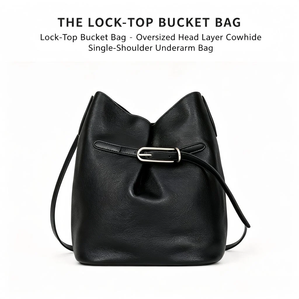 Oversized top‑grain cowhide bucket bag, buckle lock large capacity single shoulder underarm hobo bag in black